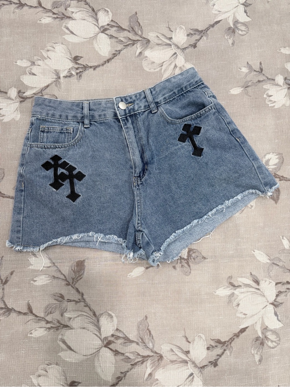 ROMWE Denim Shorts M 6 Blue Black Cross Embroidered Gothic Grunge Raw Hem